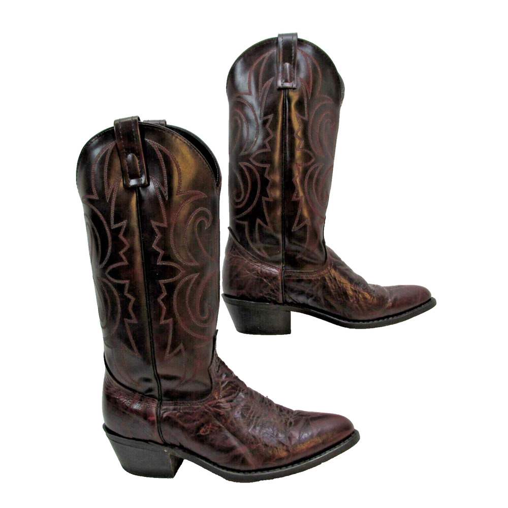 Lea Vamp & Fox Cowboy Boots, Mahogany Leather Pull Tab Western Boots, 7 D 7D USA